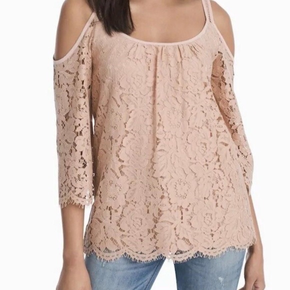 New York & Company Tops - New York & Company Like NEW Blush Lace Cold Shoulder Top